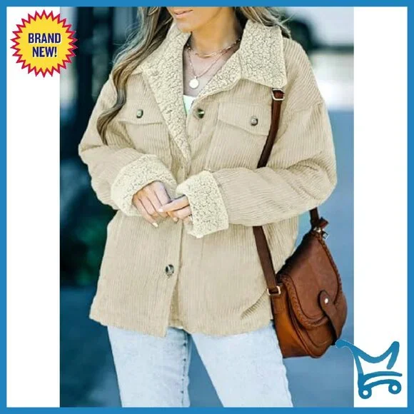 Corduroy Sherpa Jacket Button Down Fleece Collar Winter Coat - Picture 4 of 8